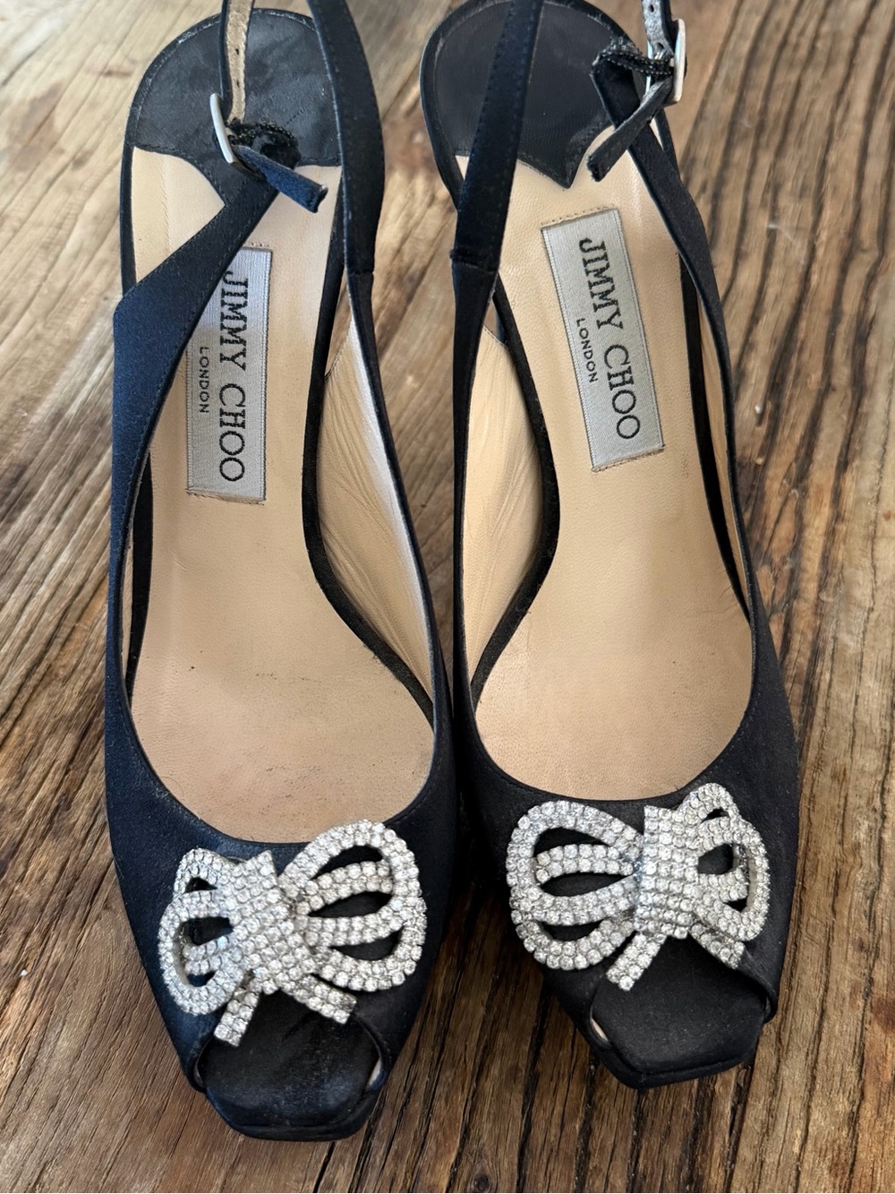 Jimmy Choo Black Satin Peep-Toe Slingbacks with Crystal Bow Accents
